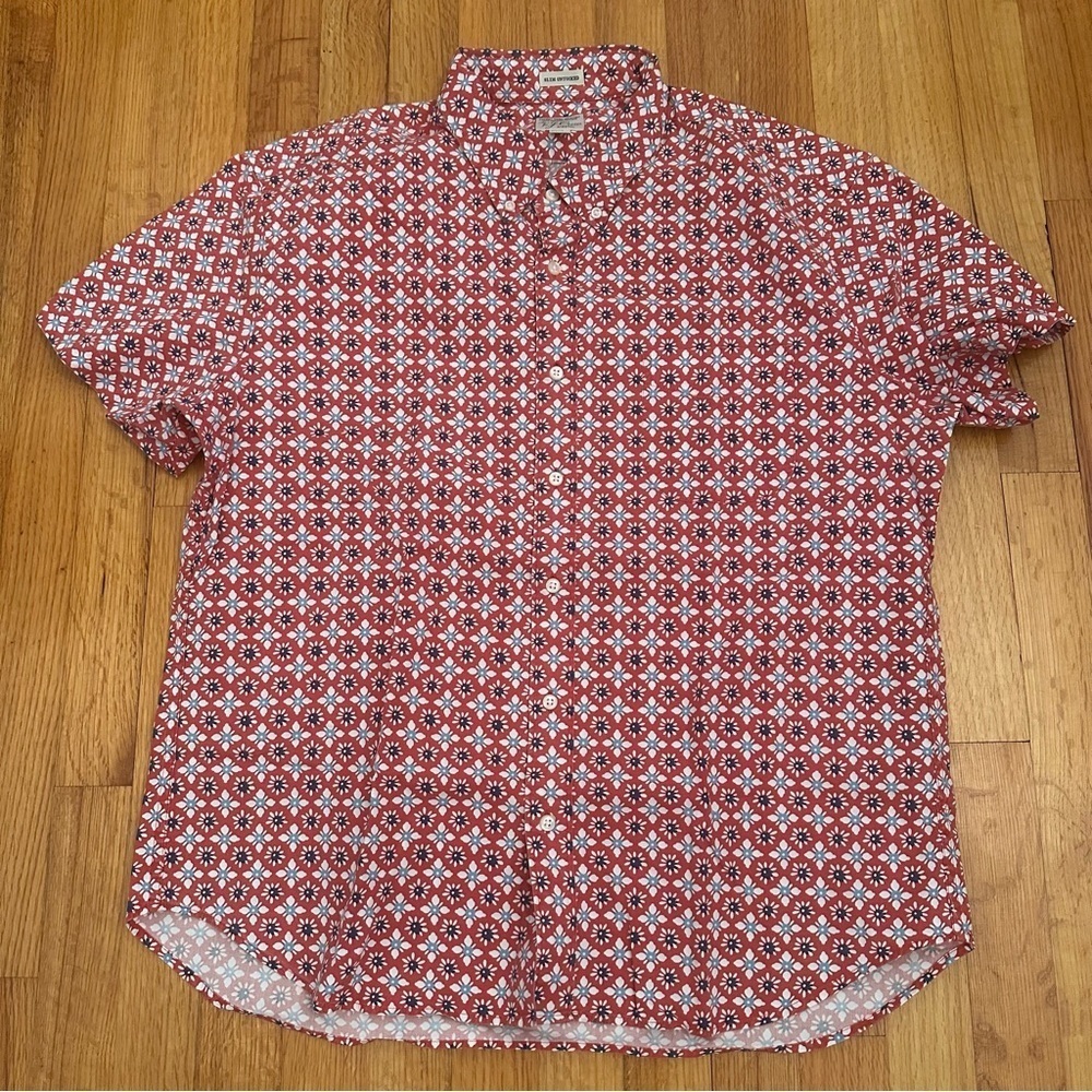 J.CREW Men's Organic Cotton Red Sky-Blue Floral Short-Sleeve Shirt XL (K11)